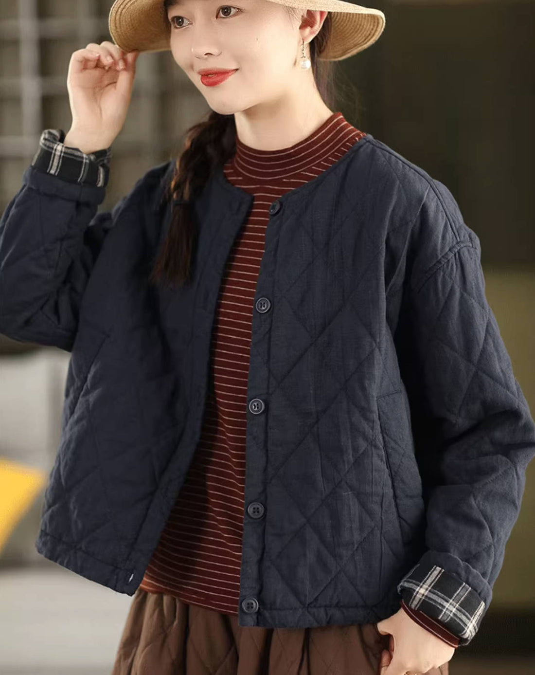 100% Linen Round Neck Single-Breasted Plaid Fleece-Lined Coat