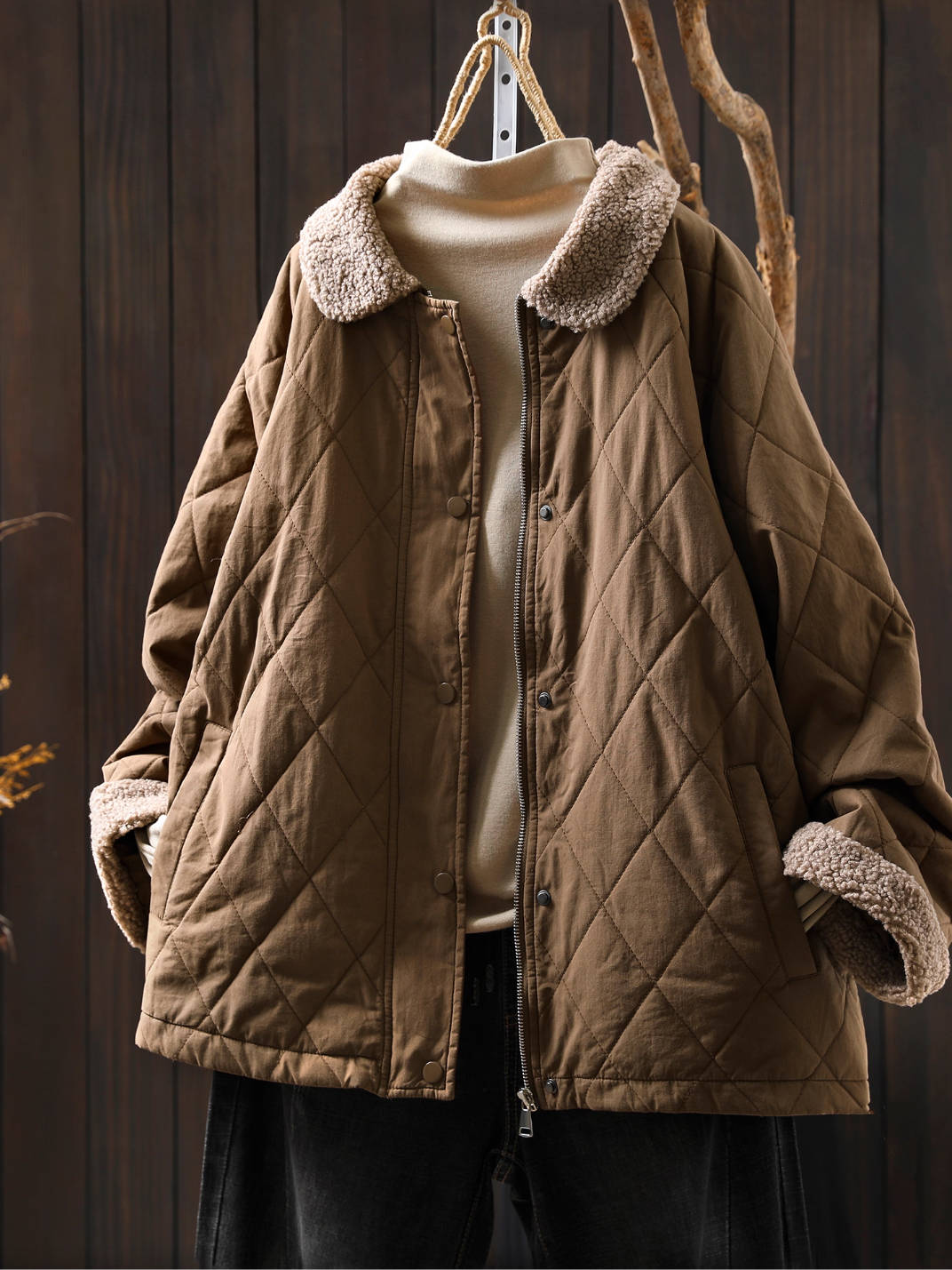 Winter Warm Shearling Collar Patchwork Cotton-In Casual Coat