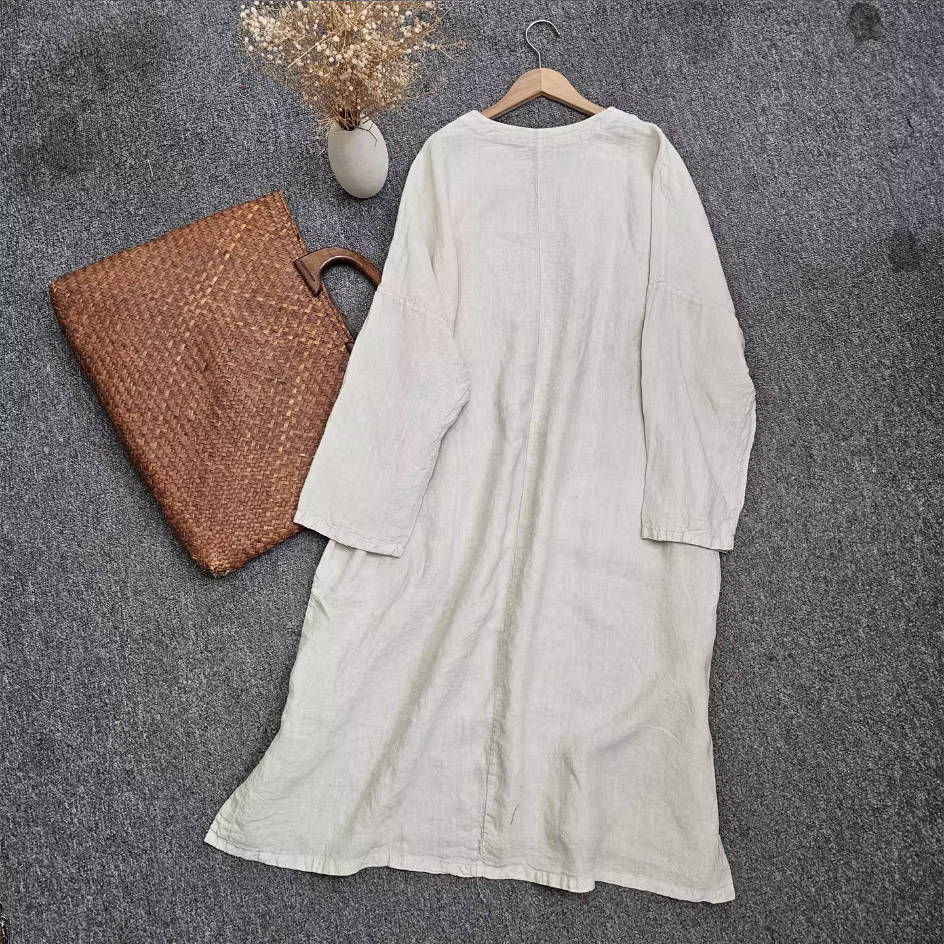 Spring Linen Round Neck Solid Color Loose Sleeves Long Tops