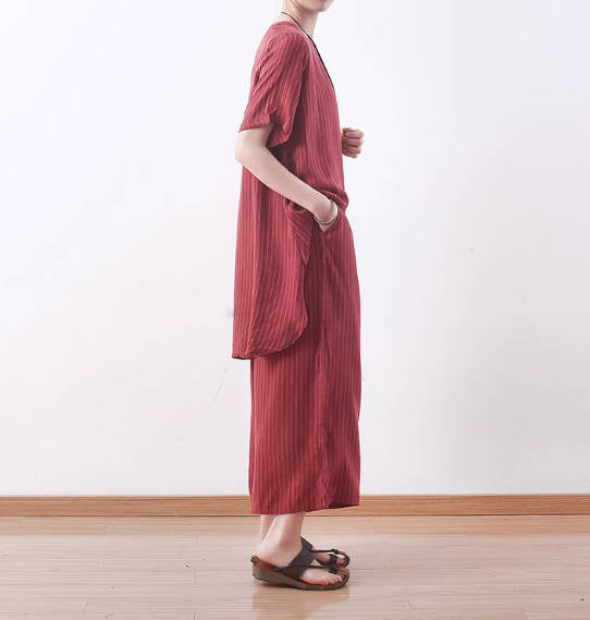 Simple Cupro Silk Striped Slimming Loose Irregular Casual Shirt Cropped Wide-Leg Pants Set
