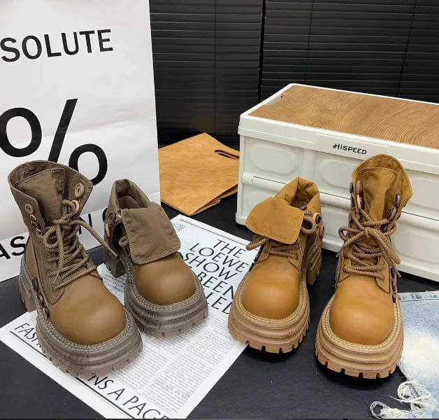 Retro Round Toe Leather Fold-over Collar Martin Boots