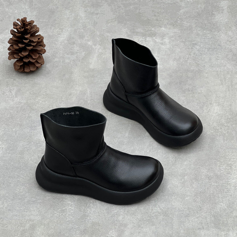 Retro Simple Leather Platform Solid Color Slip-On Ankle Boots