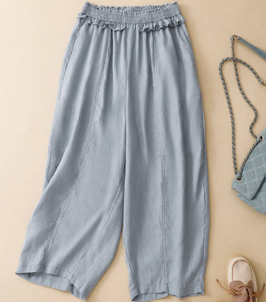 Spring Casual Cotton Ruffled Elastic Waist Straight-Leg Pants