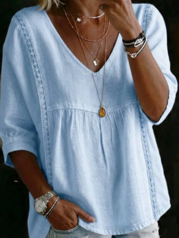 Spring Linen Solid Color V-neck Casual 3/4 Sleeve top