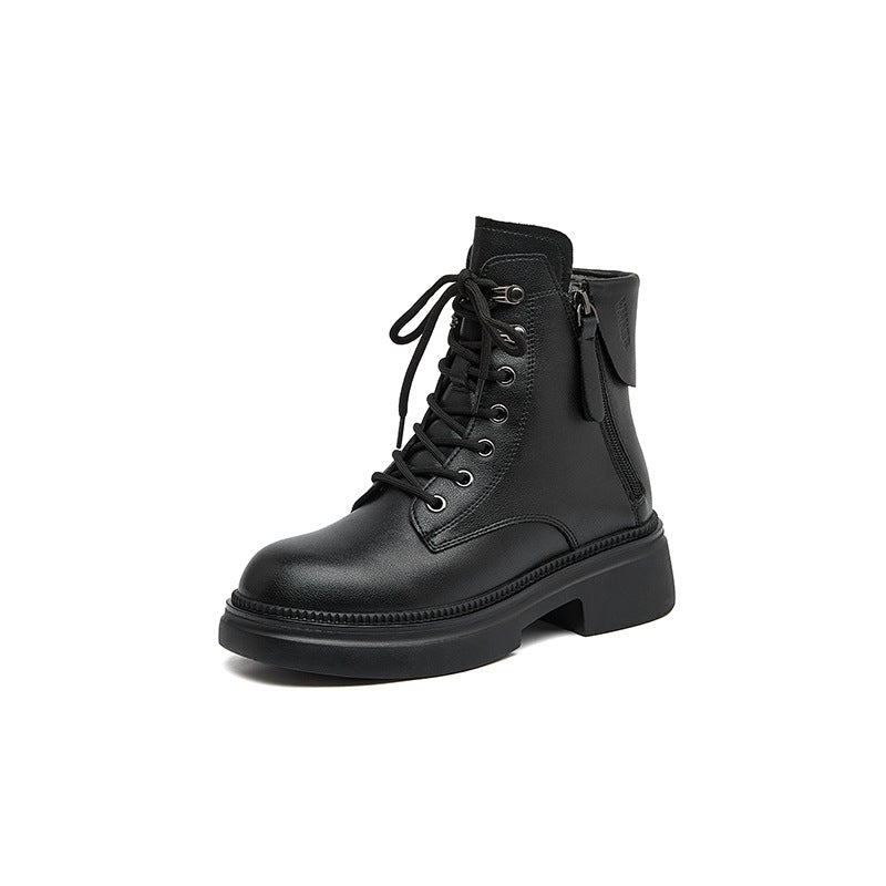 Vintage Top Leather Casual Fashion Double Zippers Lace Up Boots
