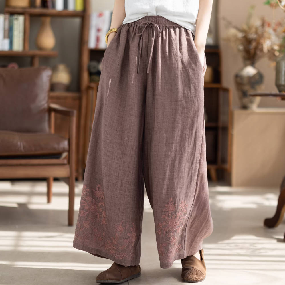 Spring Ramie Loose Embroidered Elastic Waist Lace-Up Pants