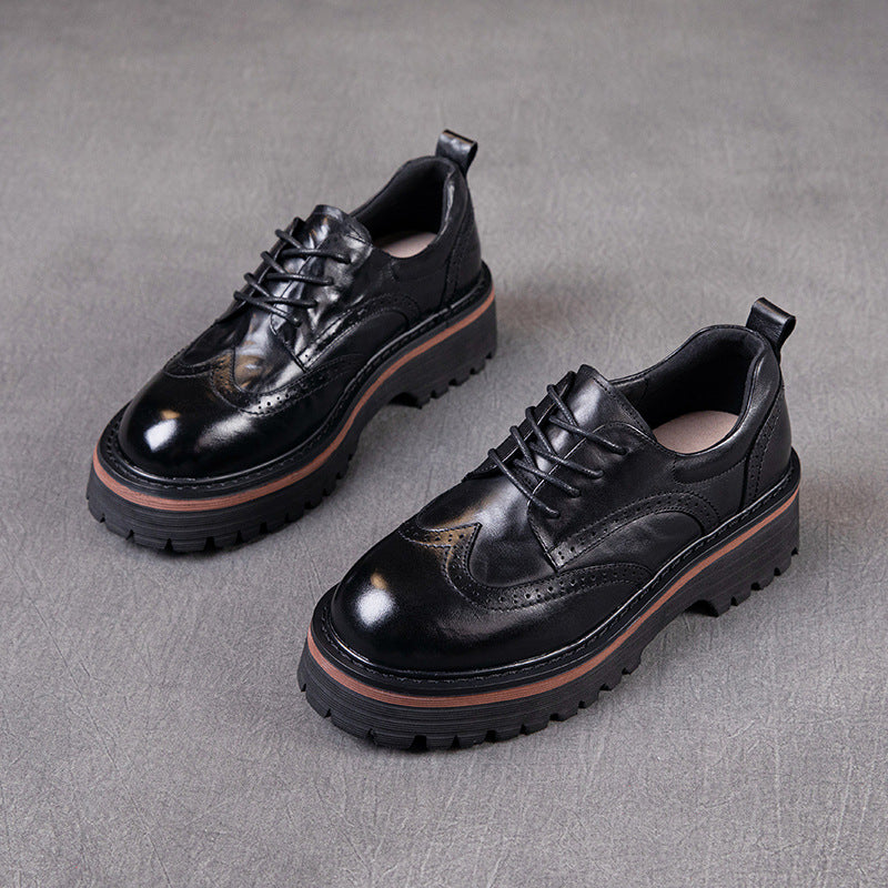 Spring Retro Leather Round Toe Platform Thick Soft Sole Flats