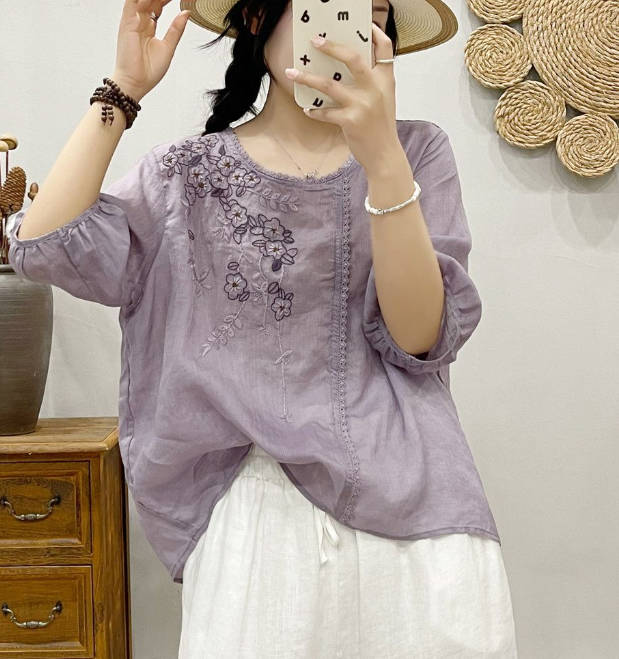 Spring Losse Embroidery V-Neck Princess Sleeve Lace Patchwork Top