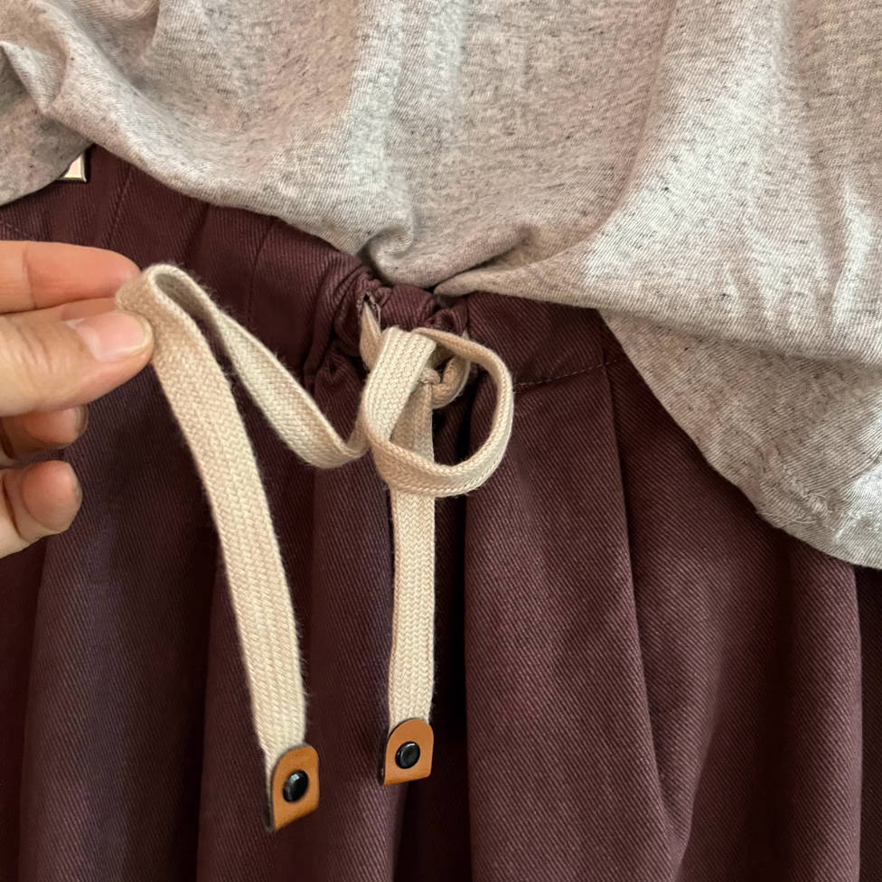 Casual Cotton Washed Loose-Fitting Lace-Up Solid Color Pants