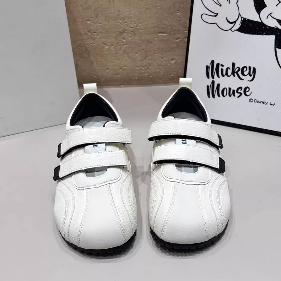 Retro Leather Round Toe Double Straped Patchwork Soft Sole Sneakers