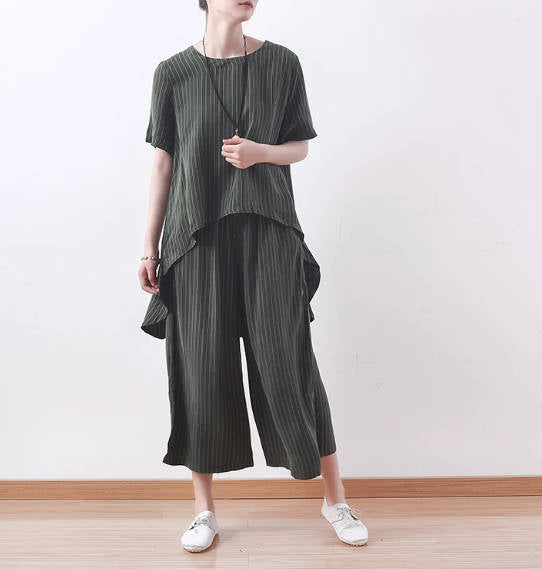 Simple Cupro Silk Striped Slimming Loose Irregular Casual Shirt Cropped Wide-Leg Pants Set