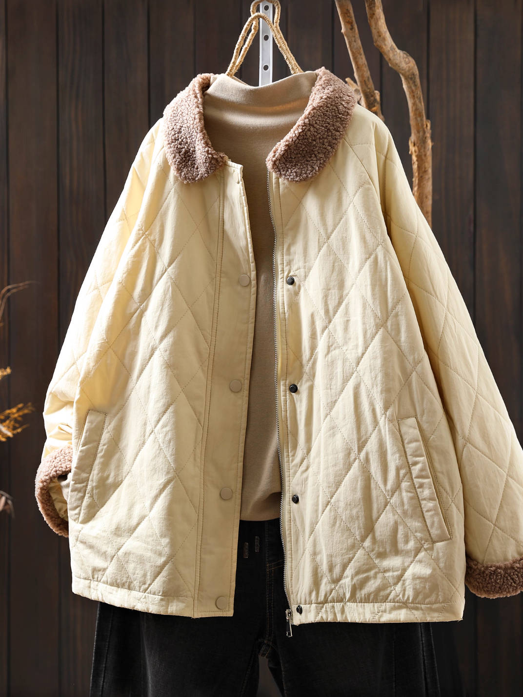 Winter Warm Shearling Collar Patchwork Cotton-In Casual Coat