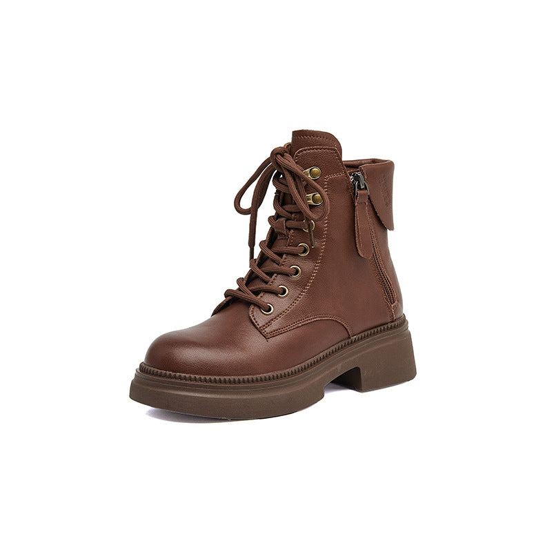 Vintage Top Leather Casual Fashion Double Zippers Lace Up Boots