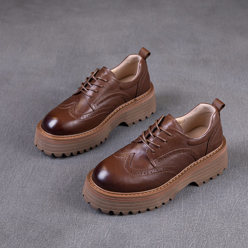 Spring Retro Leather Round Toe Platform Thick Soft Sole Flats