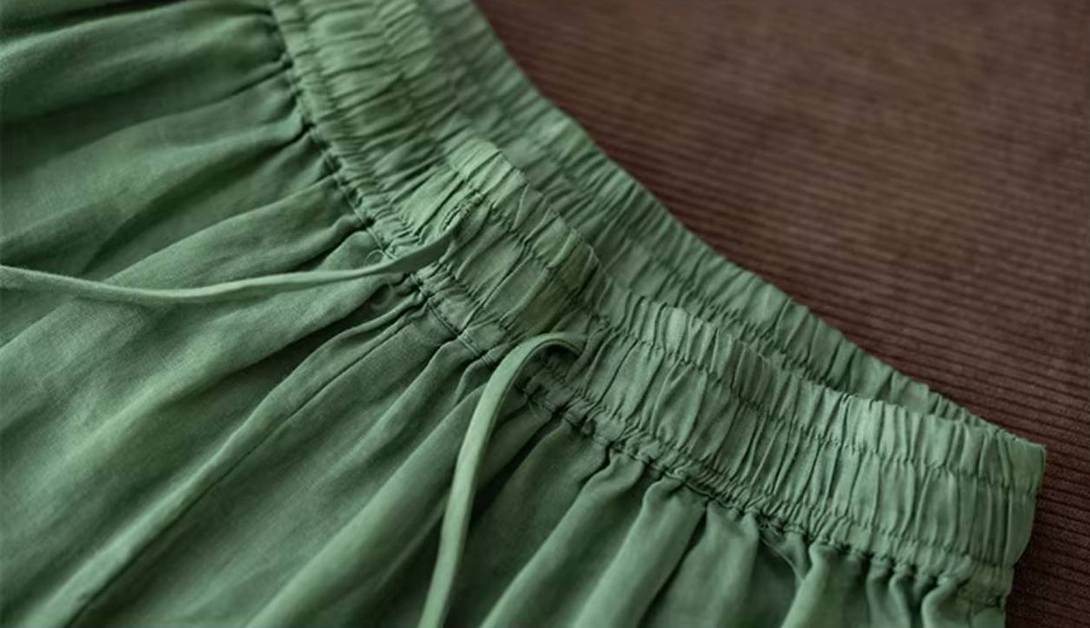Spring Ramie Loose Embroidered Elastic Waist Lace-Up Pants