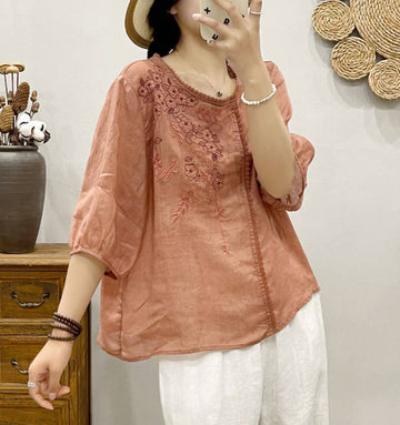 Spring Losse Embroidery V-Neck Princess Sleeve Lace Patchwork Top