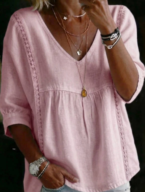 Spring Linen Solid Color V-neck Casual 3/4 Sleeve top