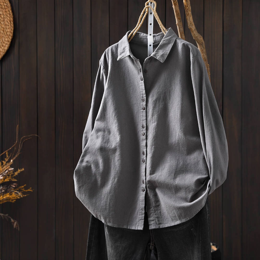 Solid Color Cotton Simple Loose Versatile Long Sleeves Shirt