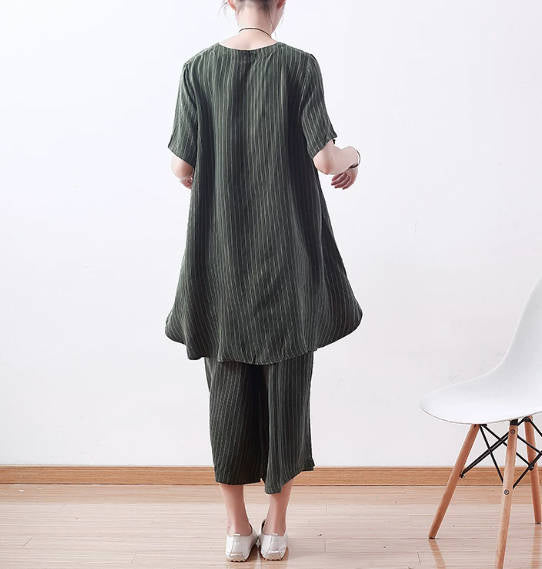 Simple Cupro Silk Striped Slimming Loose Irregular Casual Shirt Cropped Wide-Leg Pants Set