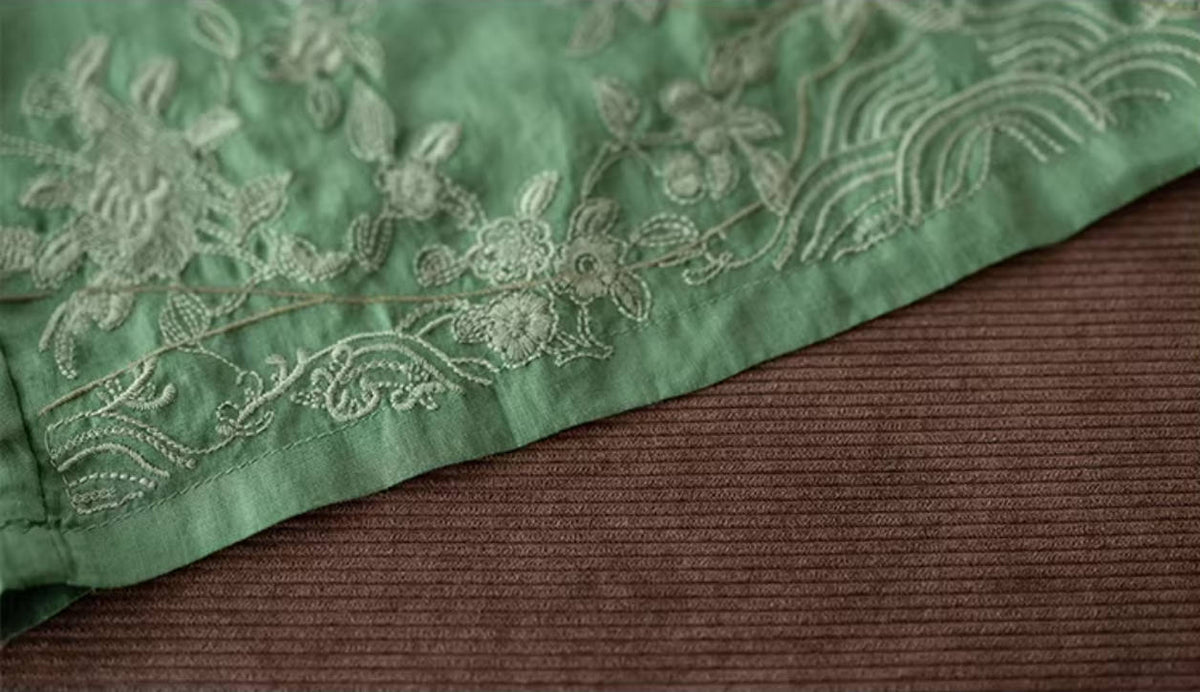 Spring Ramie Loose Embroidered Elastic Waist Lace-Up Pants