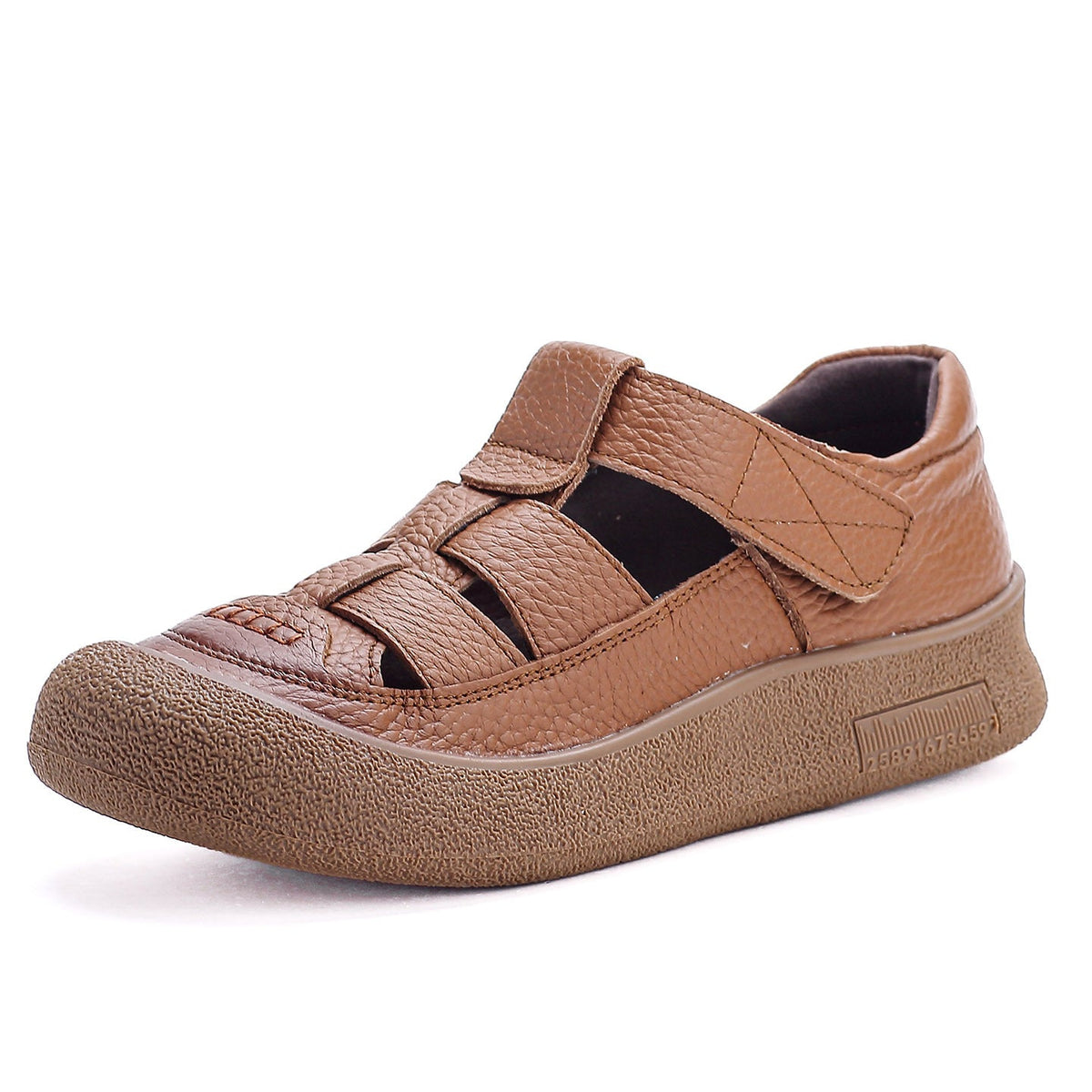 Leather Round Toe Cut Out Wide Feet Velcro Soft Sole Flat Shoes