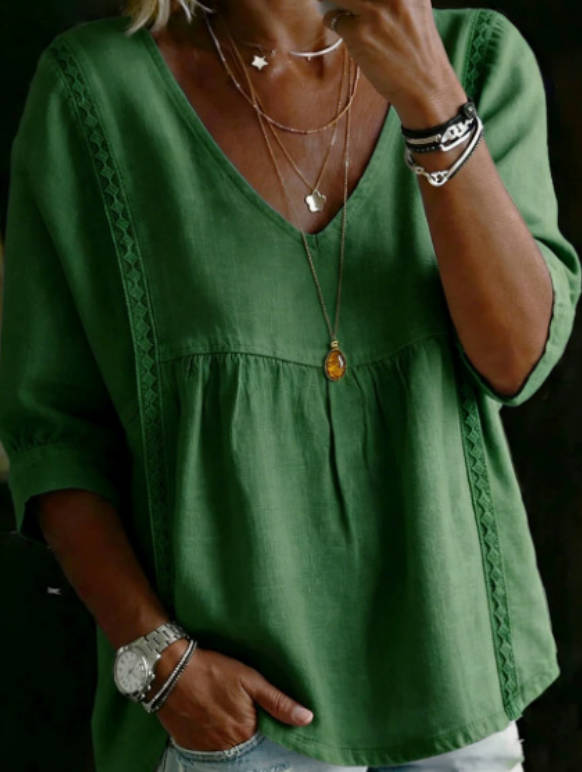 Spring Linen Solid Color V-neck Casual 3/4 Sleeve top