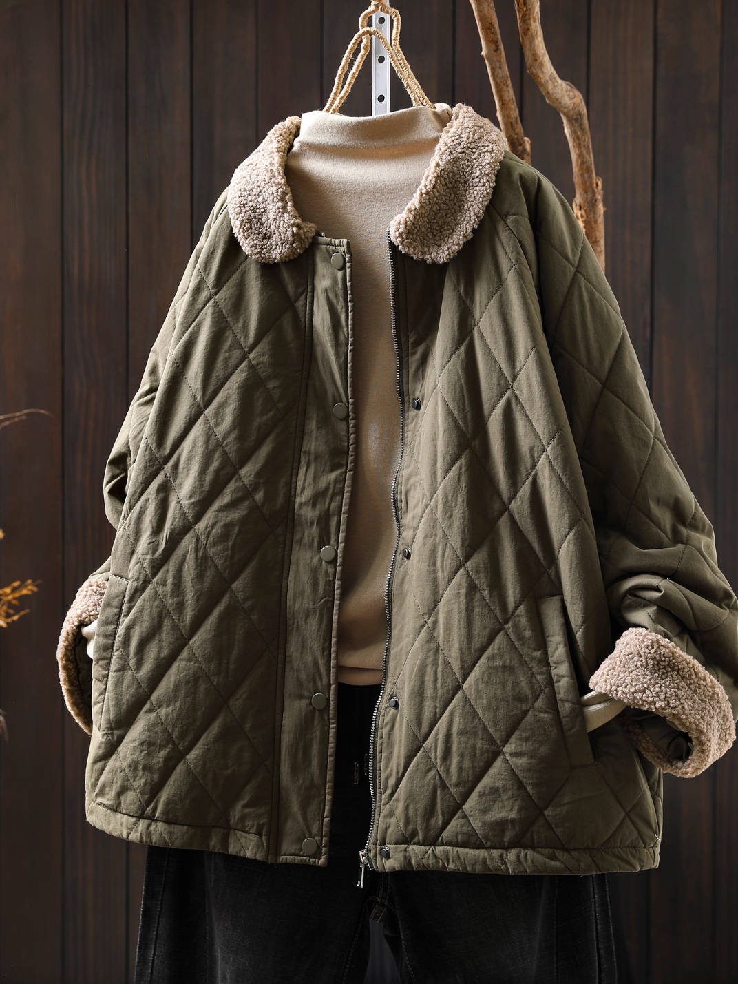 Winter Warm Shearling Collar Patchwork Cotton-In Casual Coat