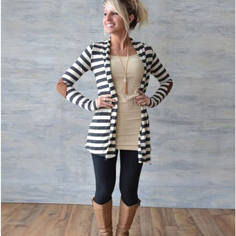 LONG SLEEVES STRIPED V-NECK PATCHWORK CARDIGAN