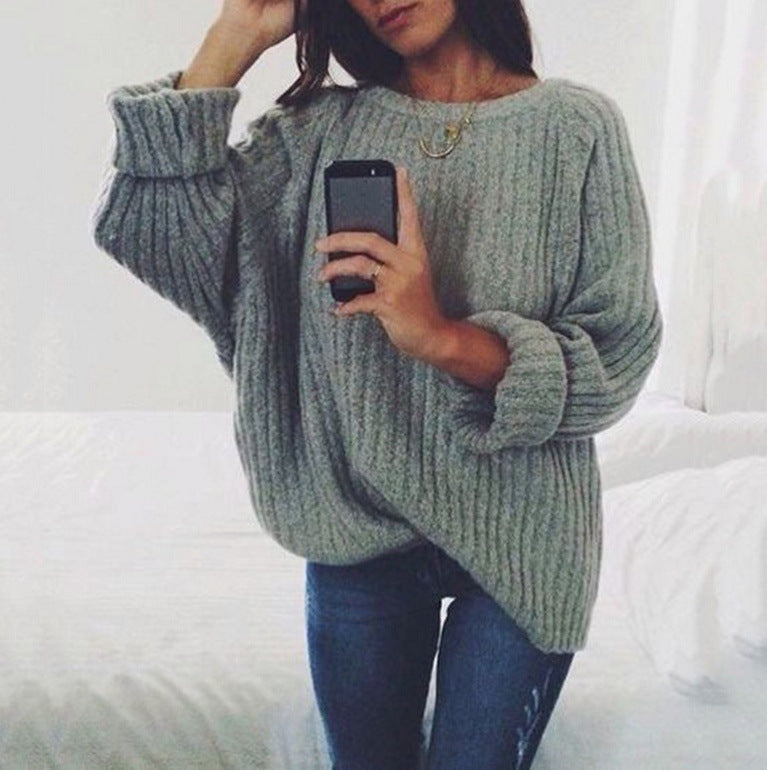 PURE COLOR LONG SLEEVES SCOOP REGULAR LOOSE SWEATER