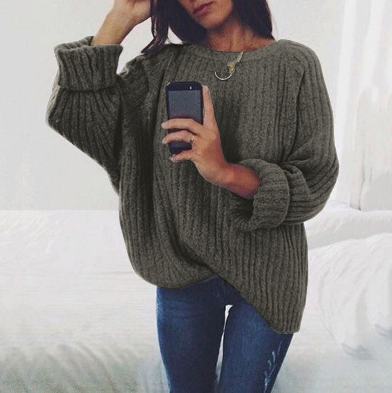 PURE COLOR LONG SLEEVES SCOOP REGULAR LOOSE SWEATER