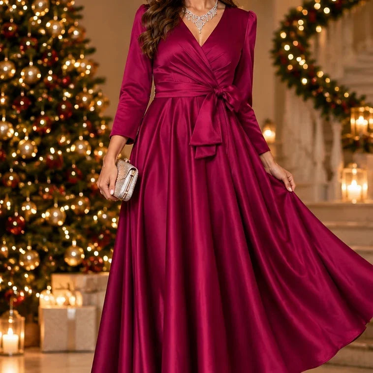 Brocade Pleated Wrap Maxi Dress