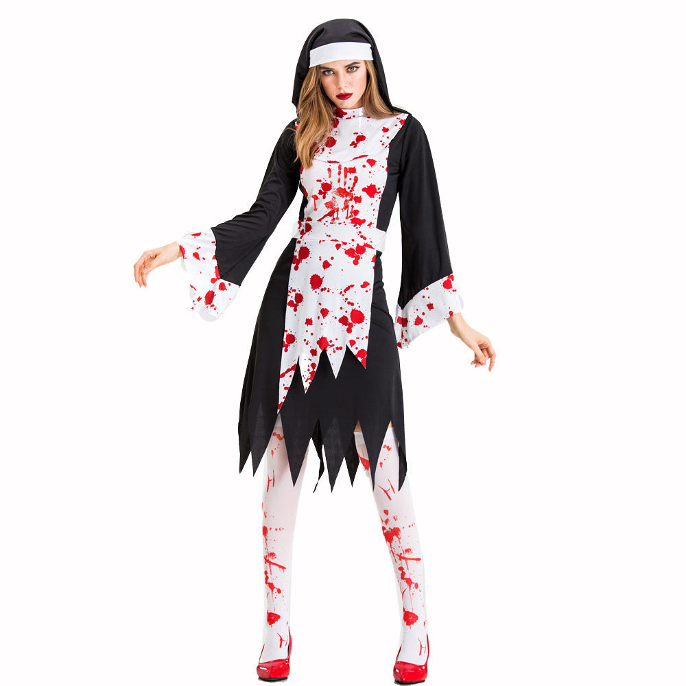 Vampire Zombie Nun Costume With Blood Stains For Halloween Cosplay