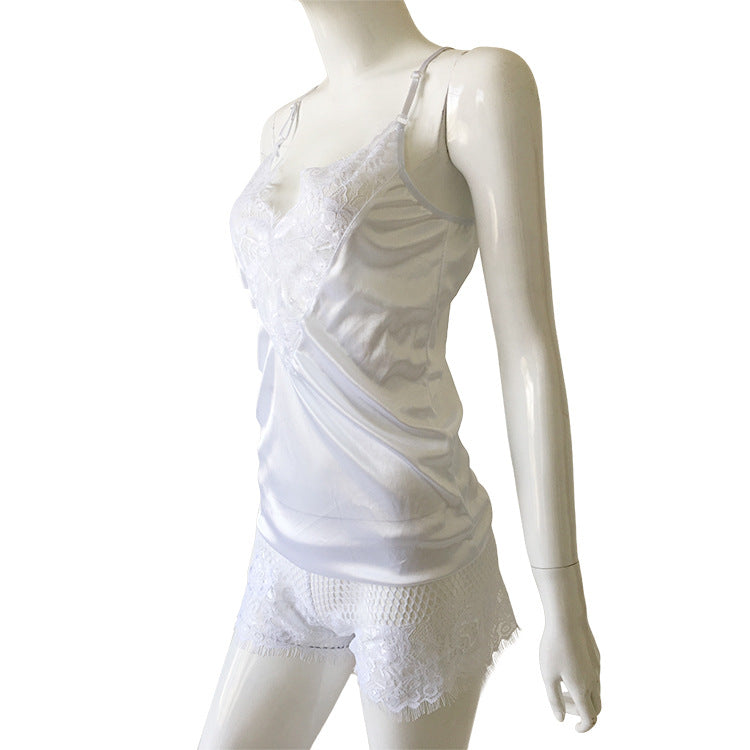 SPAGHETTI STRAPS DEEP V-NEDCK LACE PATCHWORK SHORT JUMPSUIT