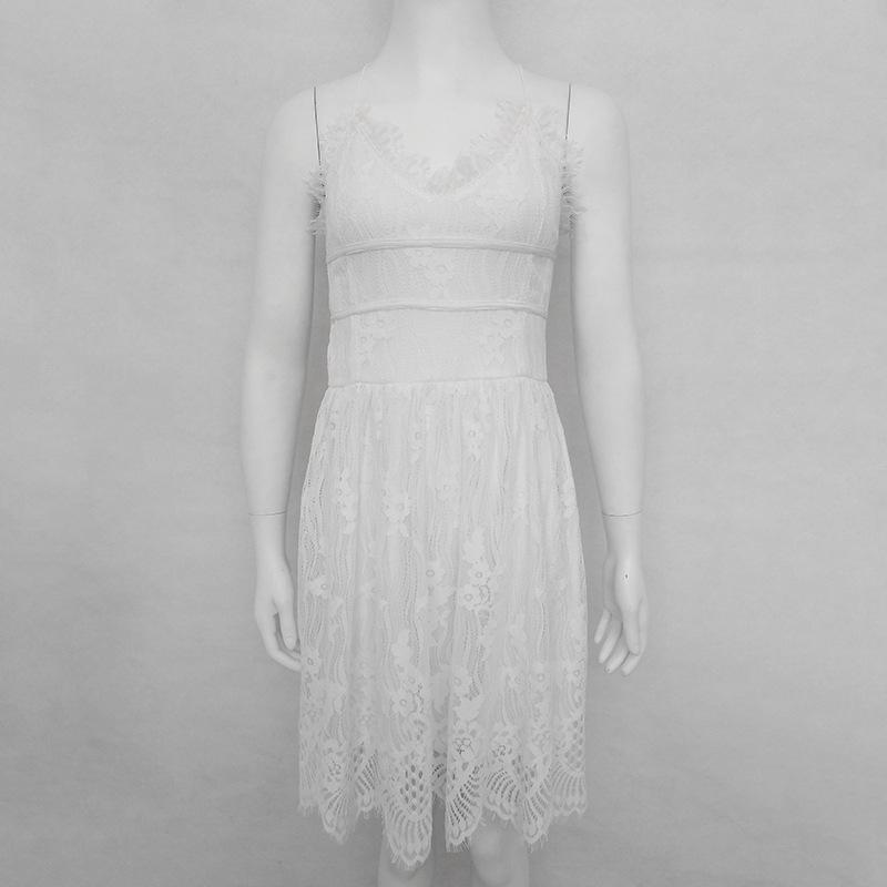 PURE COLOR SPAGHETTI STRAPS SLEEVELESS KNEE-LENGTH LACE DRESS