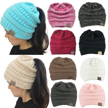 WOMEN'S WINTER OUTDOOR WARM WOOL HAT EMPTY TOP HORSETAIL KNITTED HAT