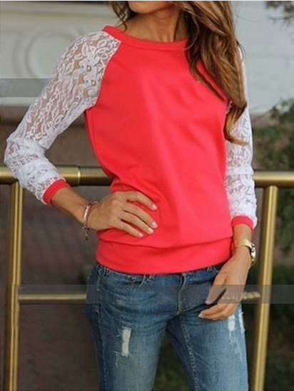 Lace Splicing Scoop Pullover Loose Long Sleeve T-shirt - Oh Yours Fashion - 1