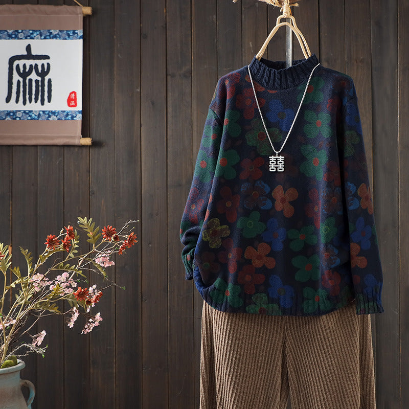 Winter Retro Cotton Printed High Neck Loose Casual Sweaters