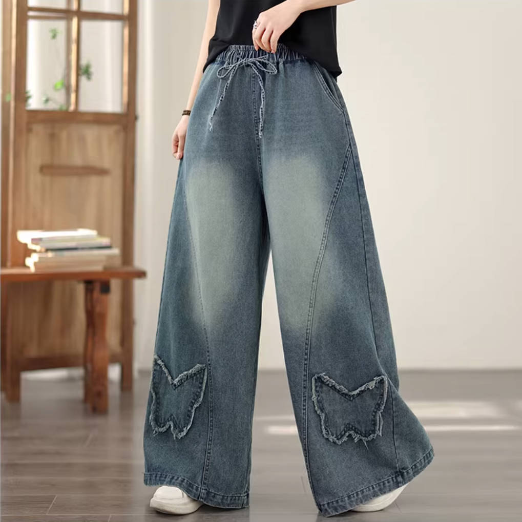 Retro Versatile Elegant Denim Butterflies Elastic Waist Loose Jeans
