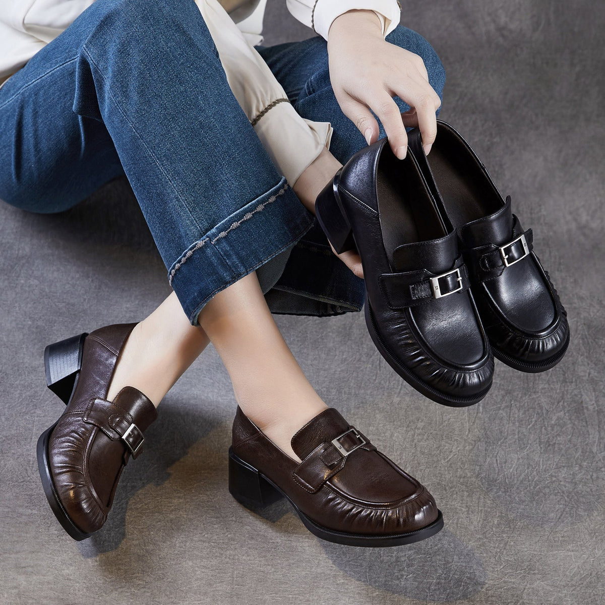 Vintage Leather Elegant Chunky One Straped Low Heel Loafers
