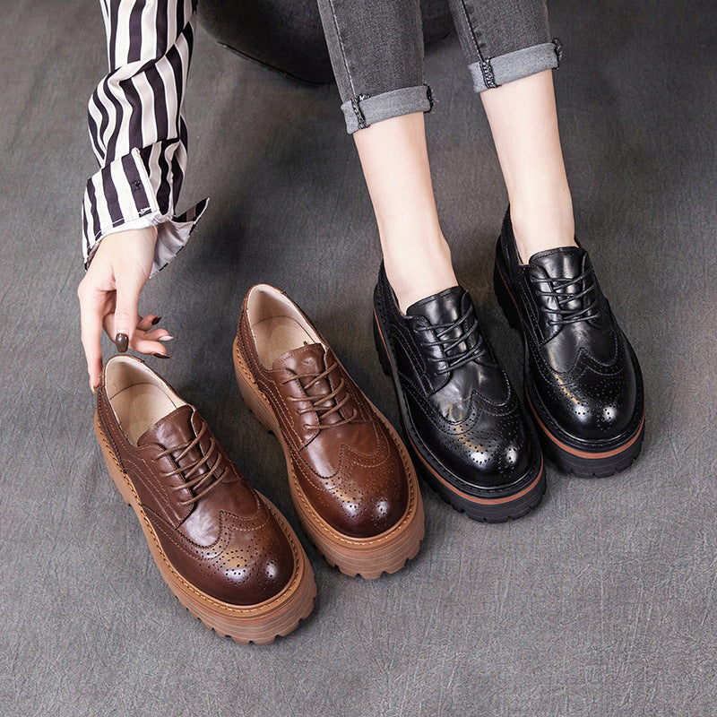 Retro Top Leather Round Toe Thick Sole Platform Flat Shoes