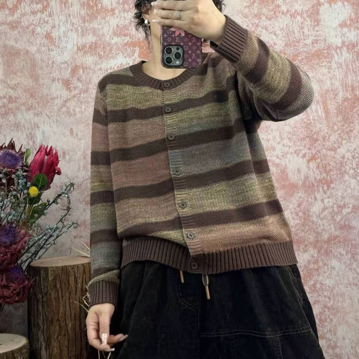 Cotton Patchwork Round Neck Striped Casual Long Sleeves Cardigan