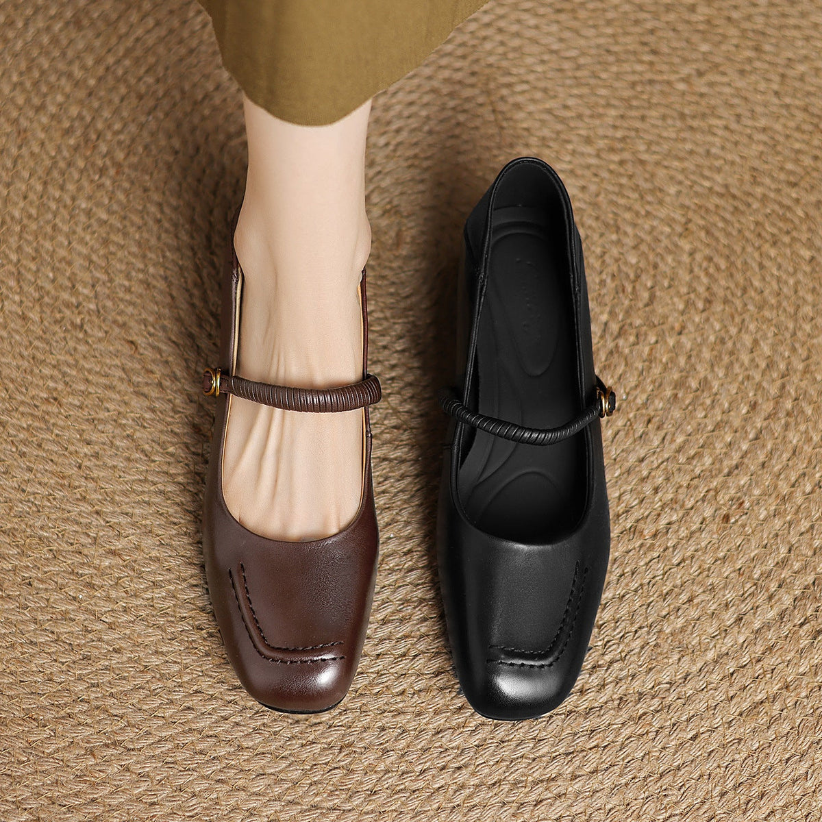 Vintage Leather Square Toe One Straped Chunky Shoes