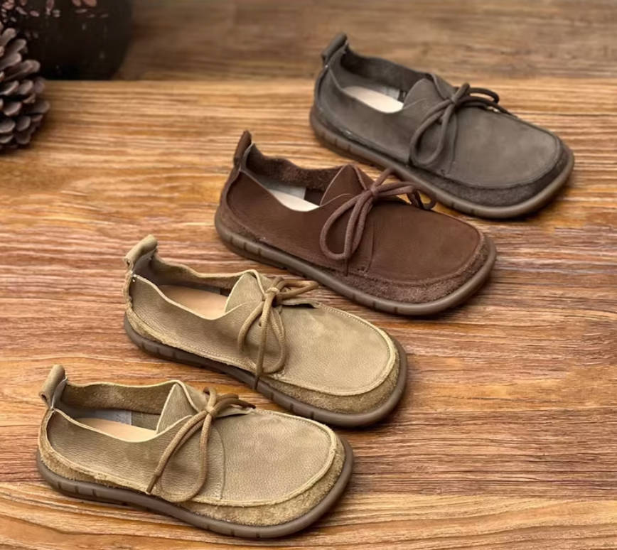 Retro Genuine Leather Round Toe Lace-Up Soft Sole Flat