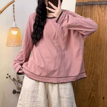 Spring Cotton Knitted Patchwork Round Neck Loose Versatile Tops