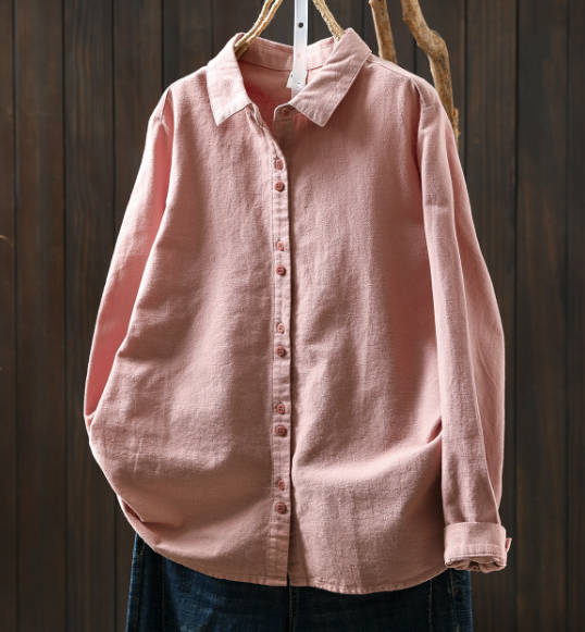 Women Casual Autumn Loose Cotton Long-Sleeve Green Shirt