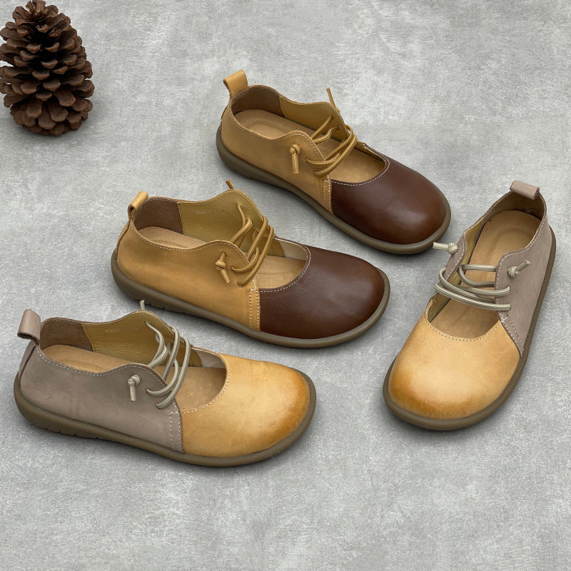 Summer Leather Patchwork Round Toe Lace Up Soft Flat Sole Sandals