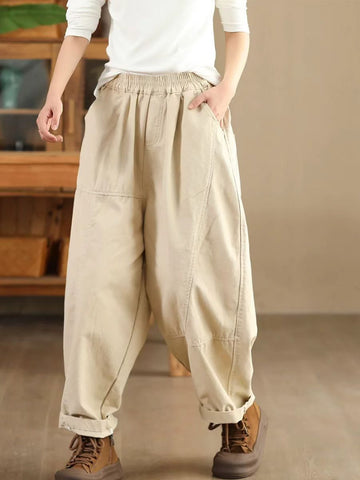 Solid Color Cotton Retro Casual Elastic Waist Harem Pants