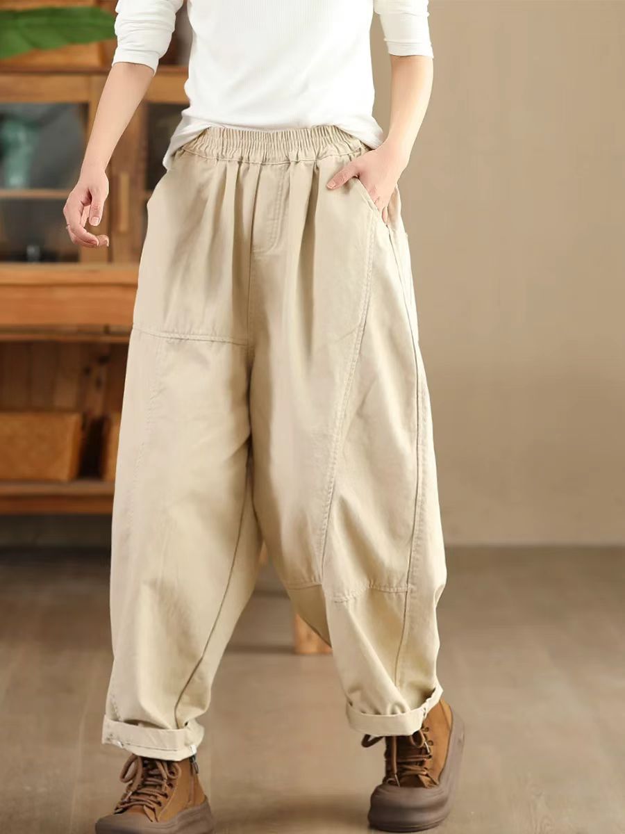 Solid Color Cotton Retro Casual Elastic Waist Harem Pants