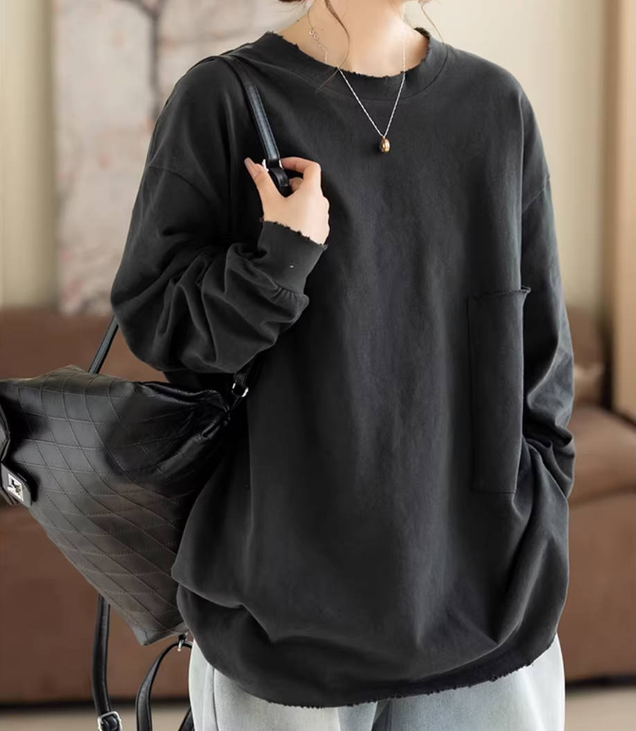 Casual Cotton Solid Color Round Neck Curling-Up Loose Tops
