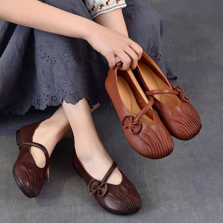 Spring Leather One Straped Bow Shallow Slip-On Soft Sole Flats